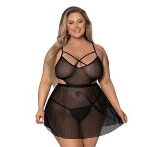 LINGERIE PLUS SIZE 1-3X BABYDOLL & CROTCHLESS PANTY SET GIRL NEXT DOOR IN BLACK